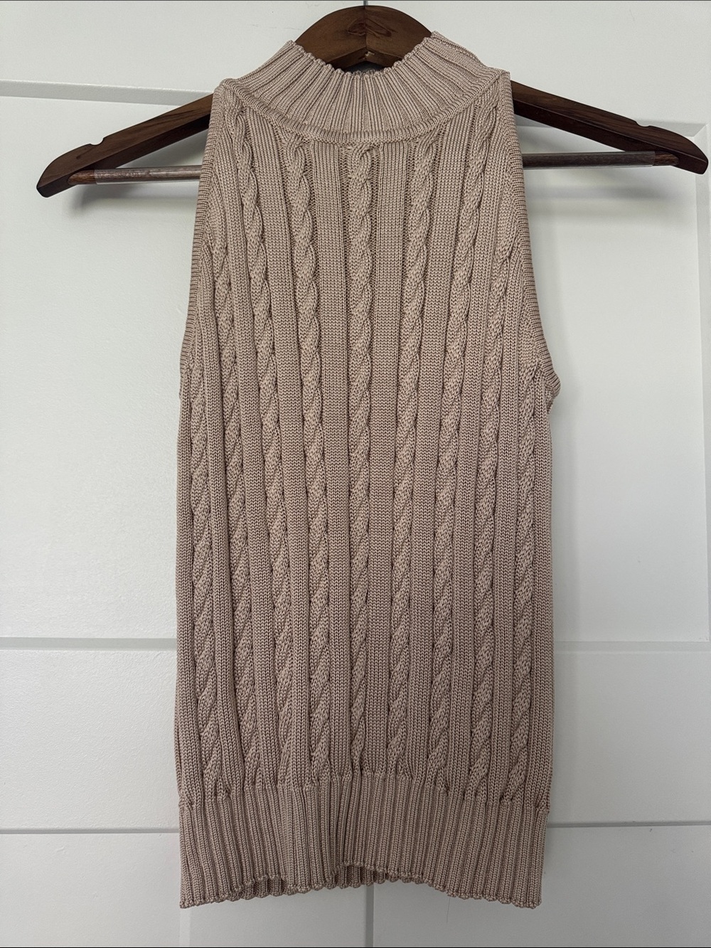 Cable Knit Sleeveless Turtleneck Sweater Vest - Blush Taupe